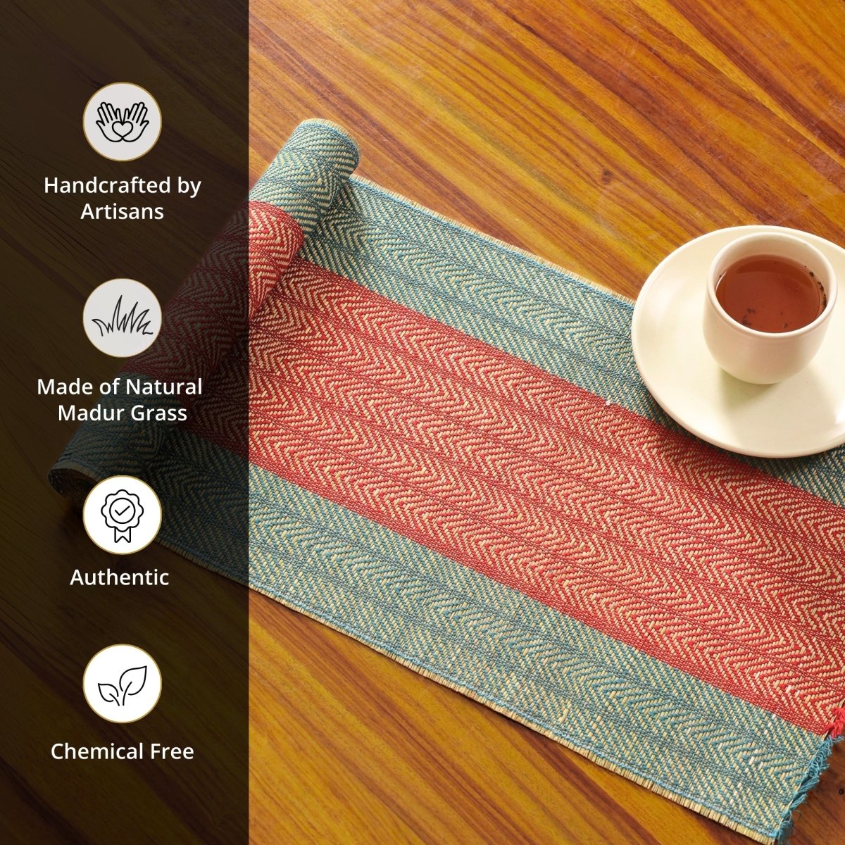 Cotton and Grass Table runner in Crystal Teal and Red | 4 and 6 Seater