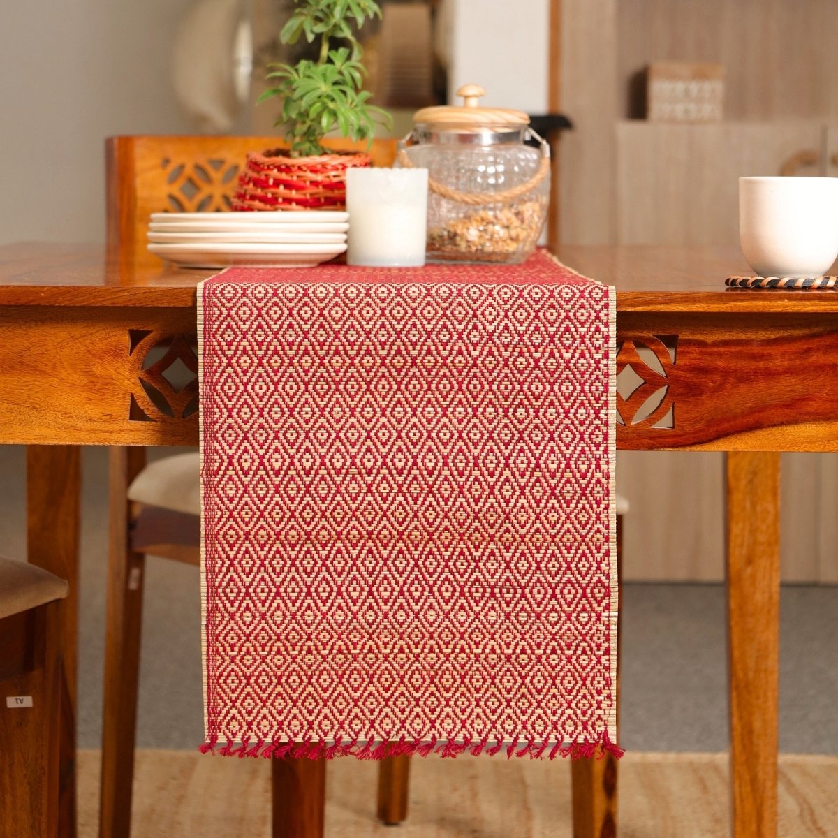 Cotton and Grass Table runner in Maroon | 4 and 6 Seater