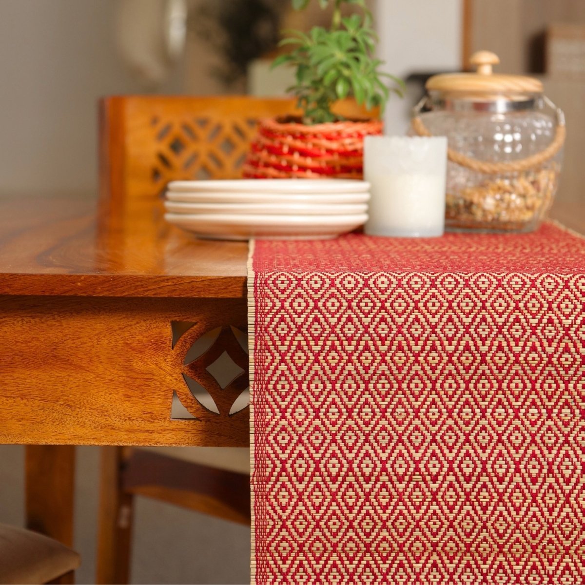 Cotton and Grass Table runner in Maroon | 4 and 6 Seater