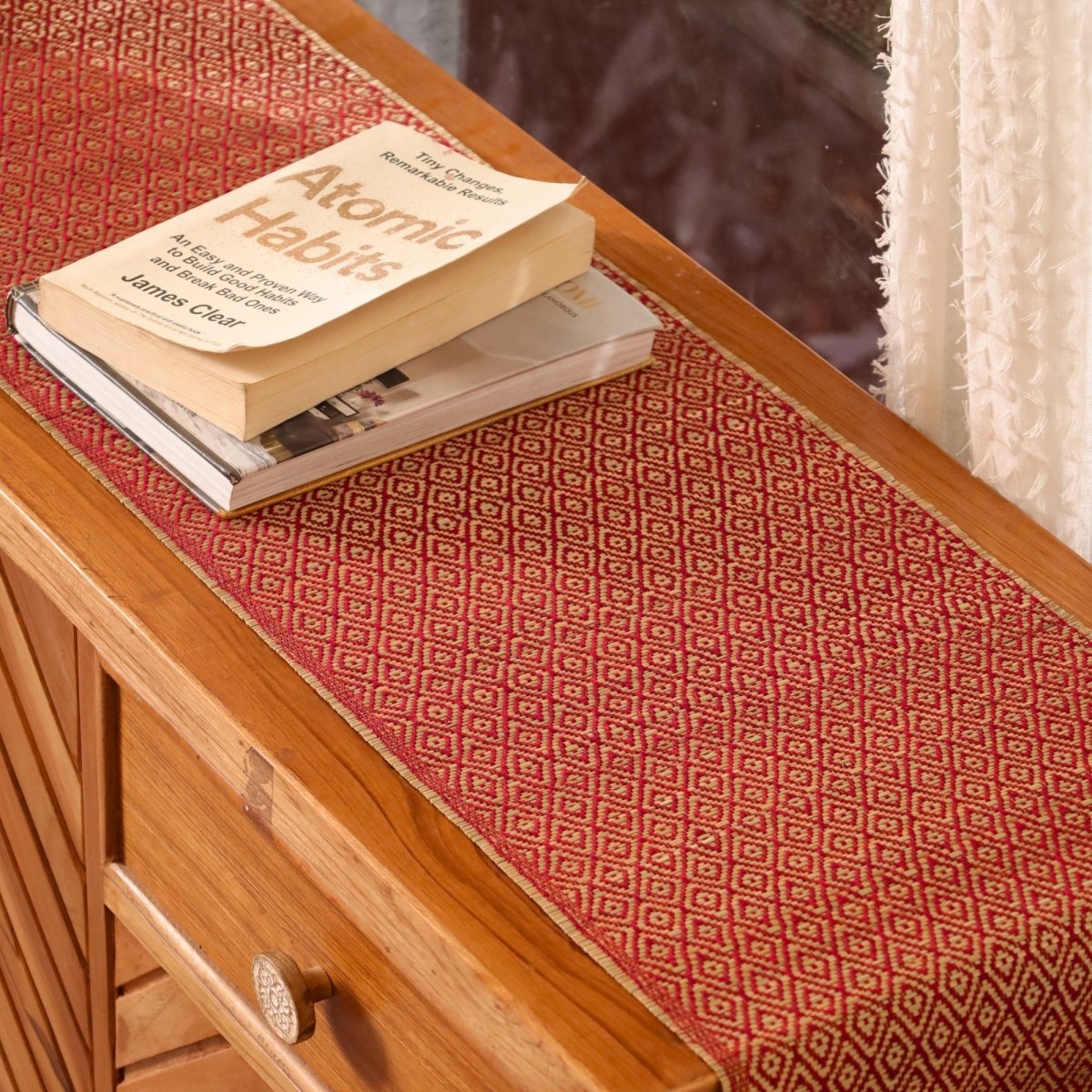 Cotton and Grass Table runner in Maroon | 4 and 6 Seater