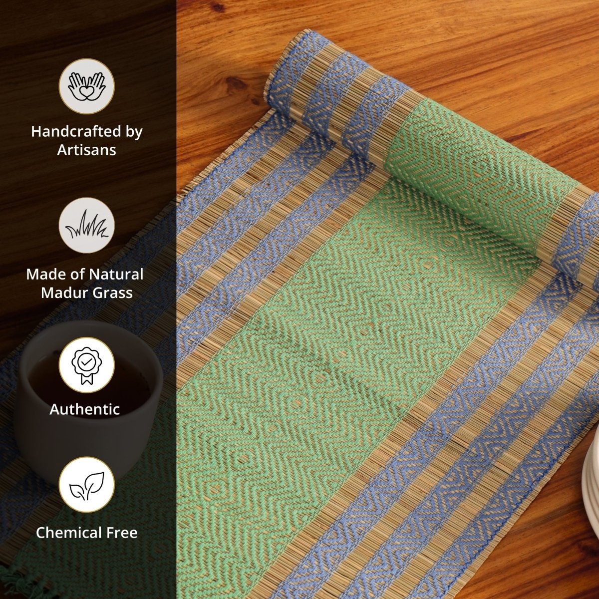 Cotton and Grass Table runner in Powder Blue and Aqua Green | 4 and 6 Seater