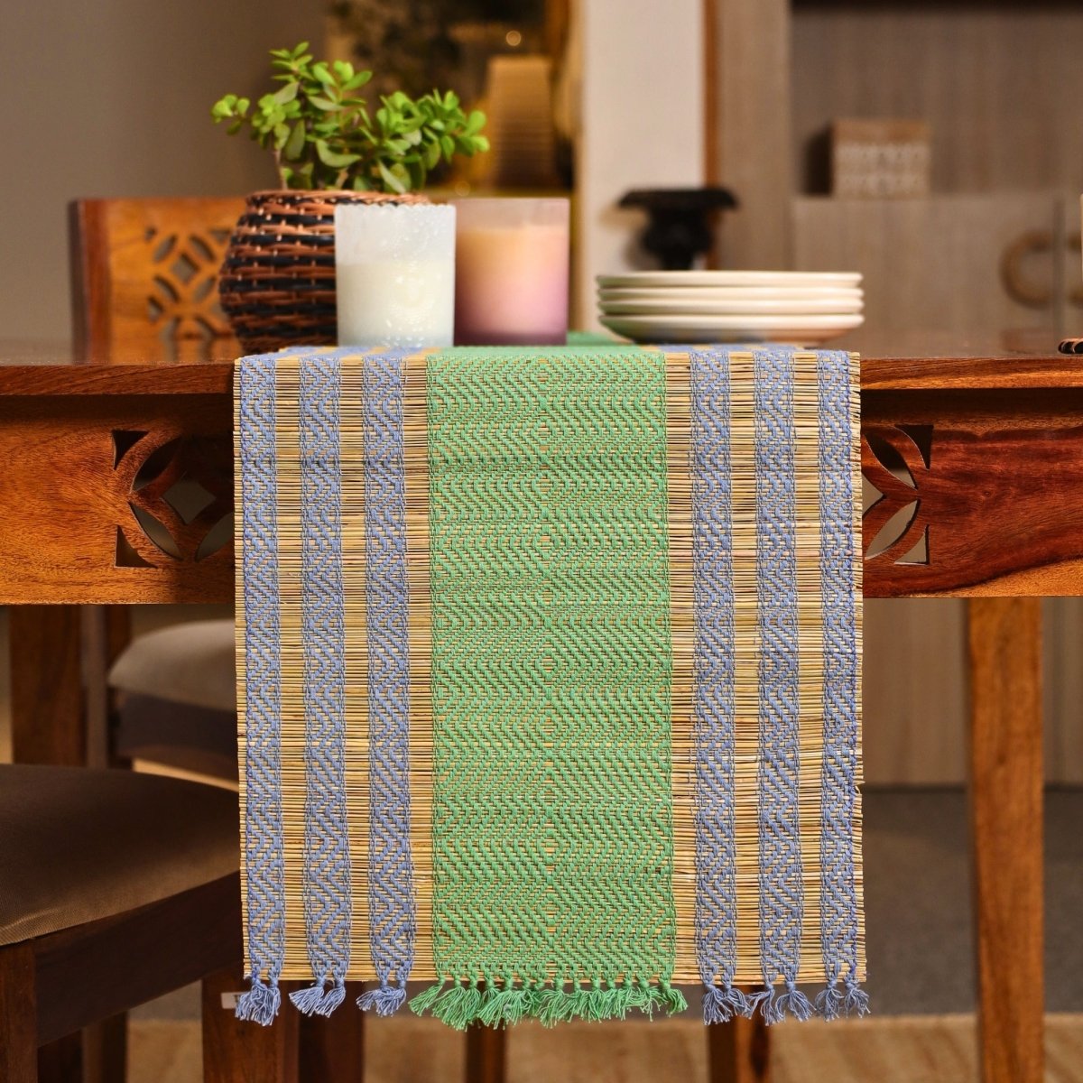 Cotton and Grass Table runner in Powder Blue and Aqua Green | 4 and 6 Seater