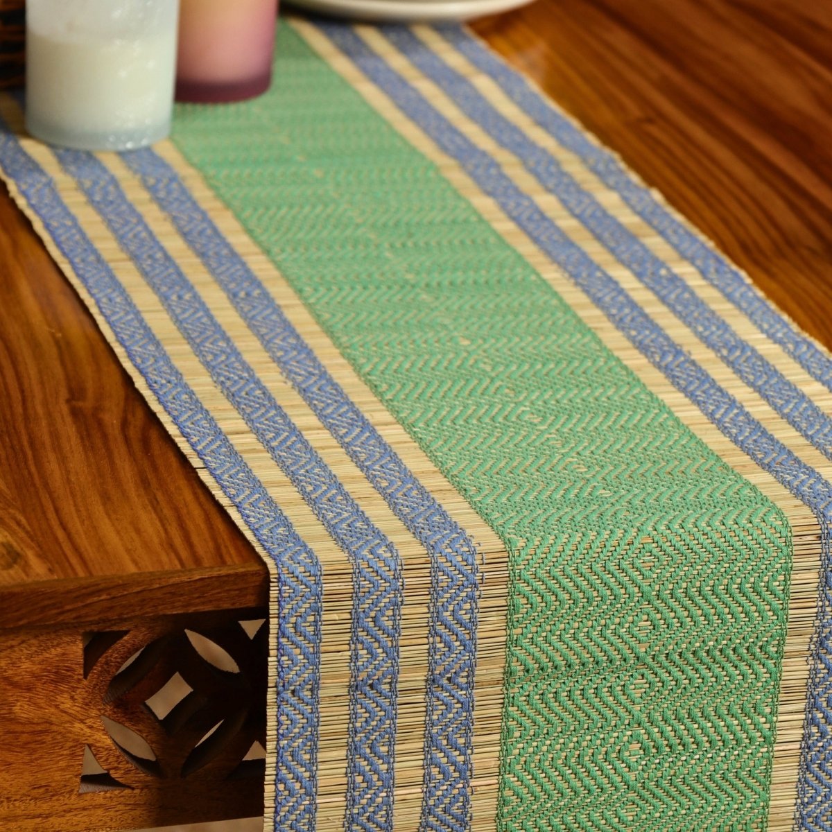 Cotton and Grass Table runner in Powder Blue and Aqua Green | 4 and 6 Seater