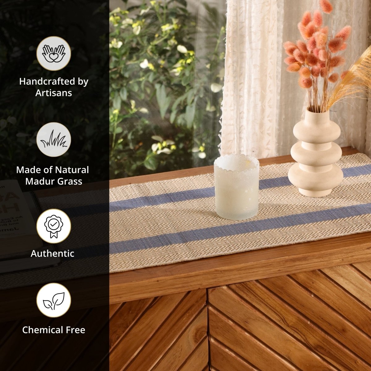Cotton and Grass Table runner in Powder Blue and Off White | 4 and 6 Seater