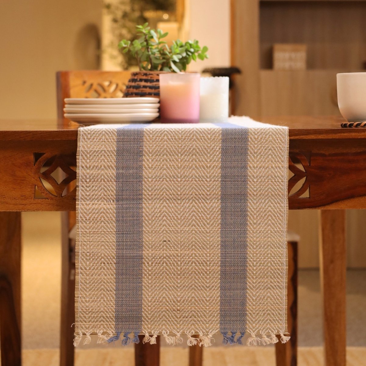 Cotton and Grass Table runner in Powder Blue and Off White | 4 and 6 Seater