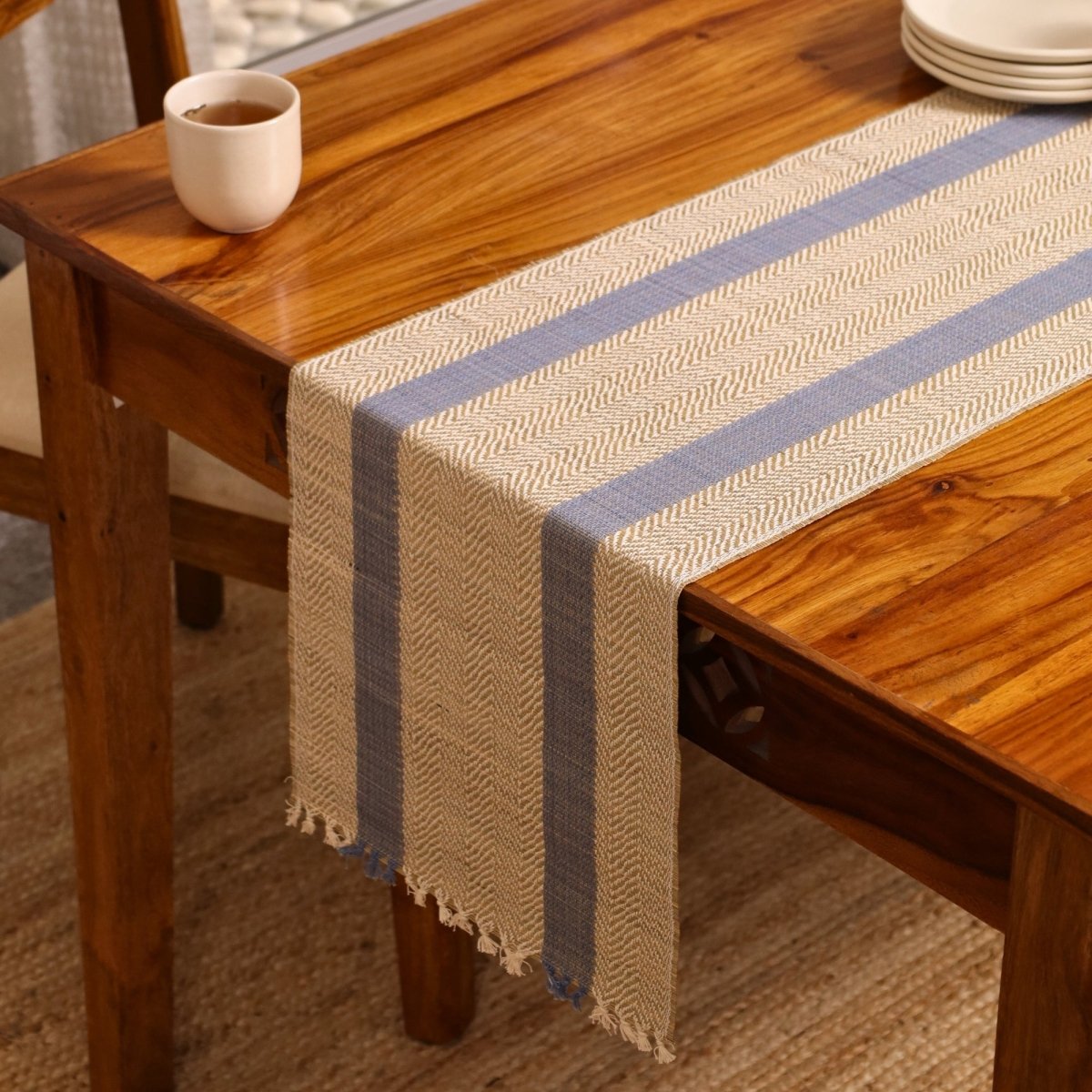 Cotton and Grass Table runner in Powder Blue and Off White | 4 and 6 Seater