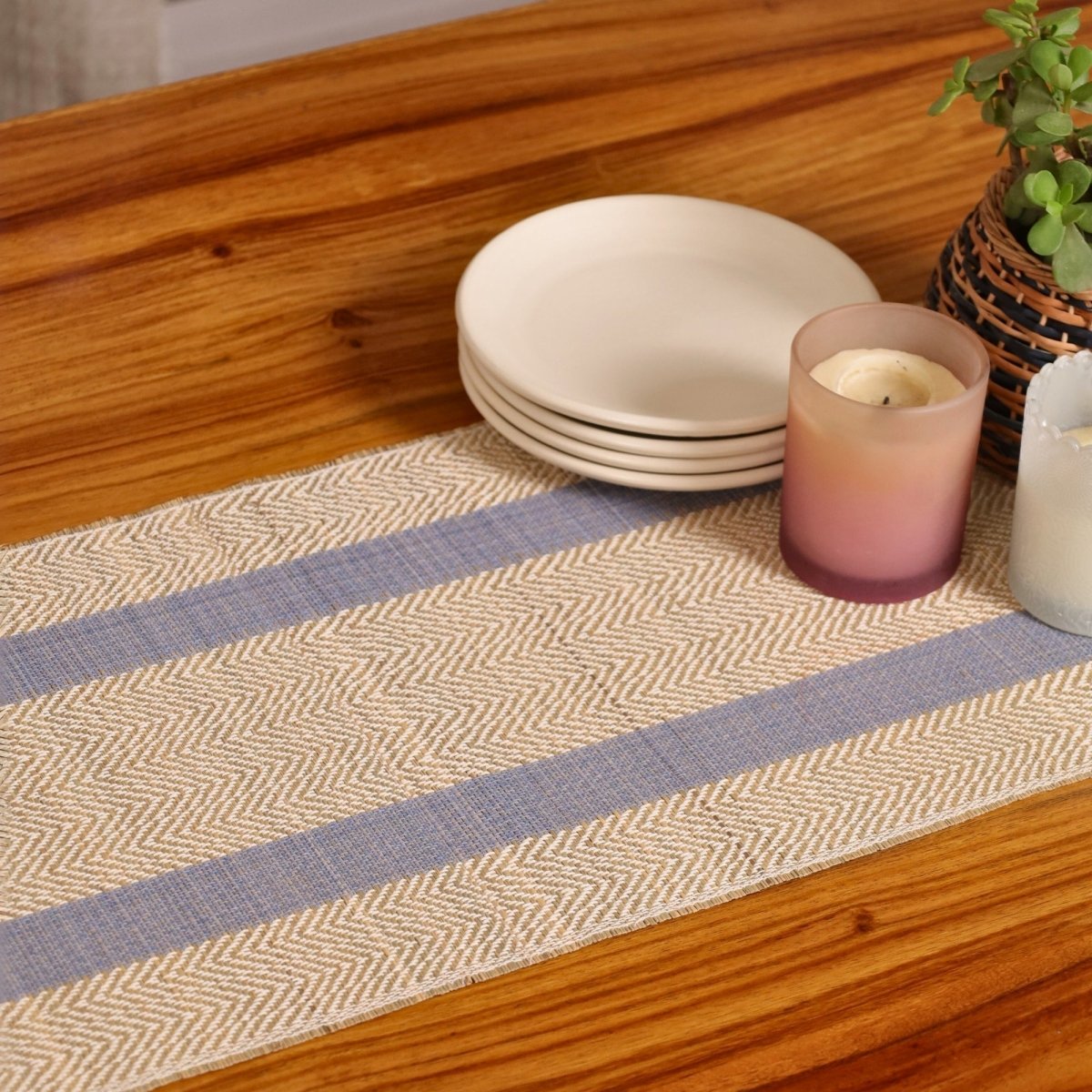 Cotton and Grass Table runner in Powder Blue and Off White | 4 and 6 Seater
