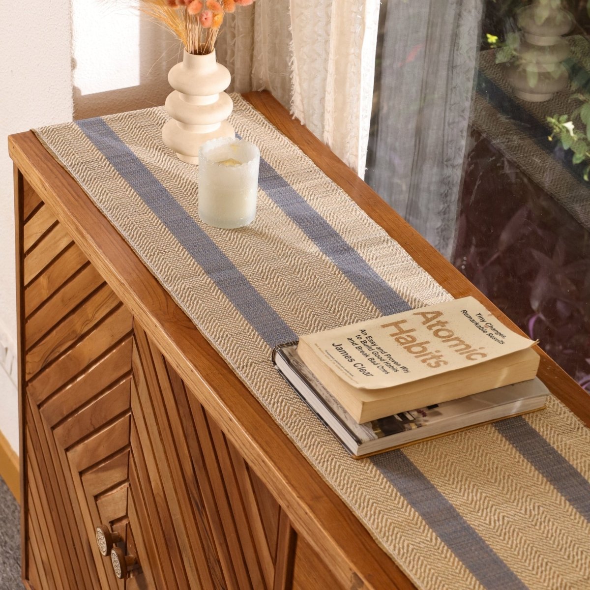 Cotton and Grass Table runner in Powder Blue and Off White | 4 and 6 Seater