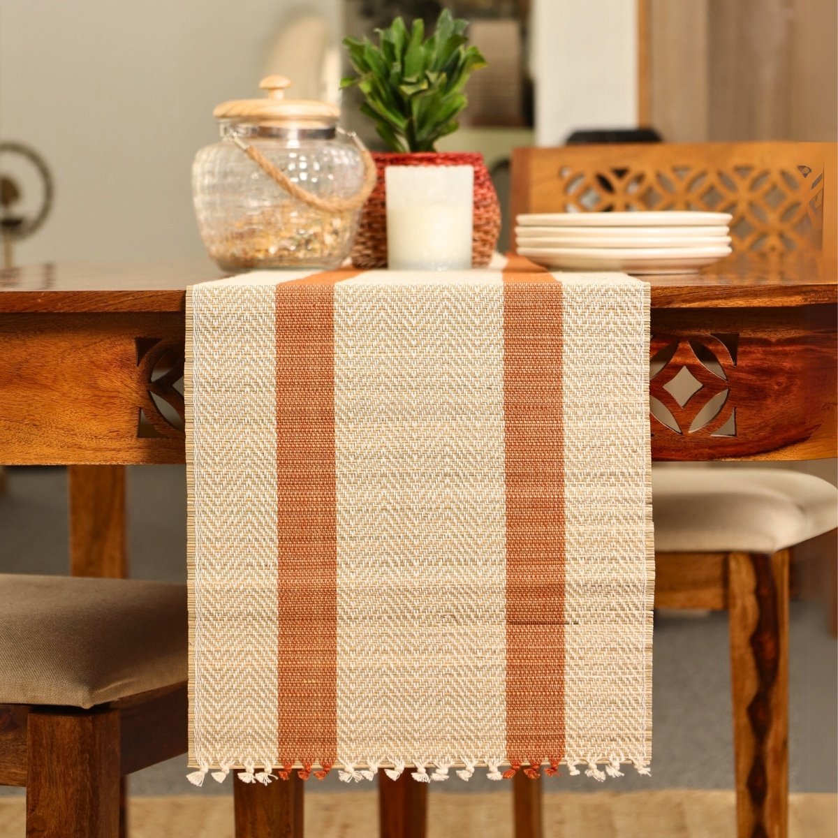 Cotton and Grass Table runner in Rust and Off White | 4 and 6 Seater