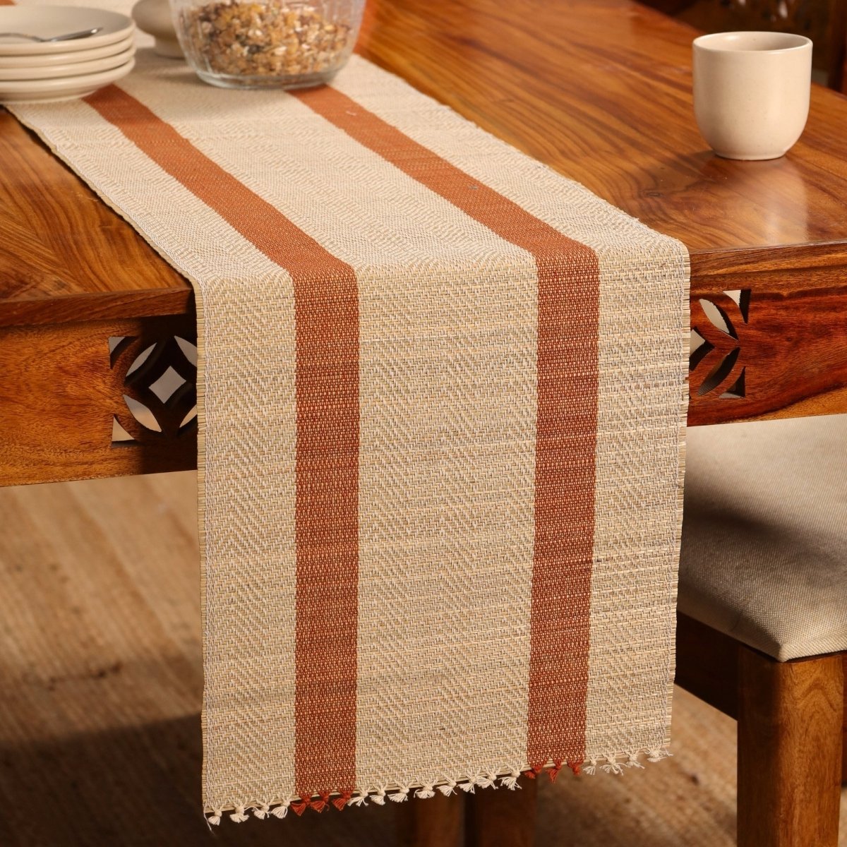 Cotton and Grass Table runner in Rust and Off White | 4 and 6 Seater