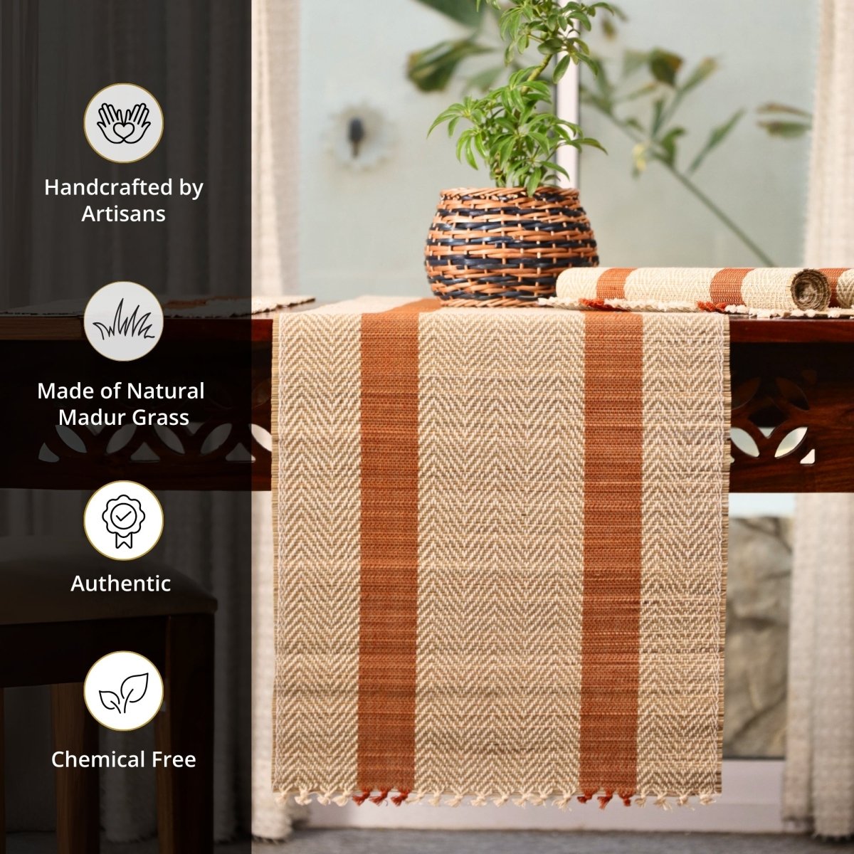 Cotton and Grass Table runner in Rust and Off White | 4 and 6 Seater