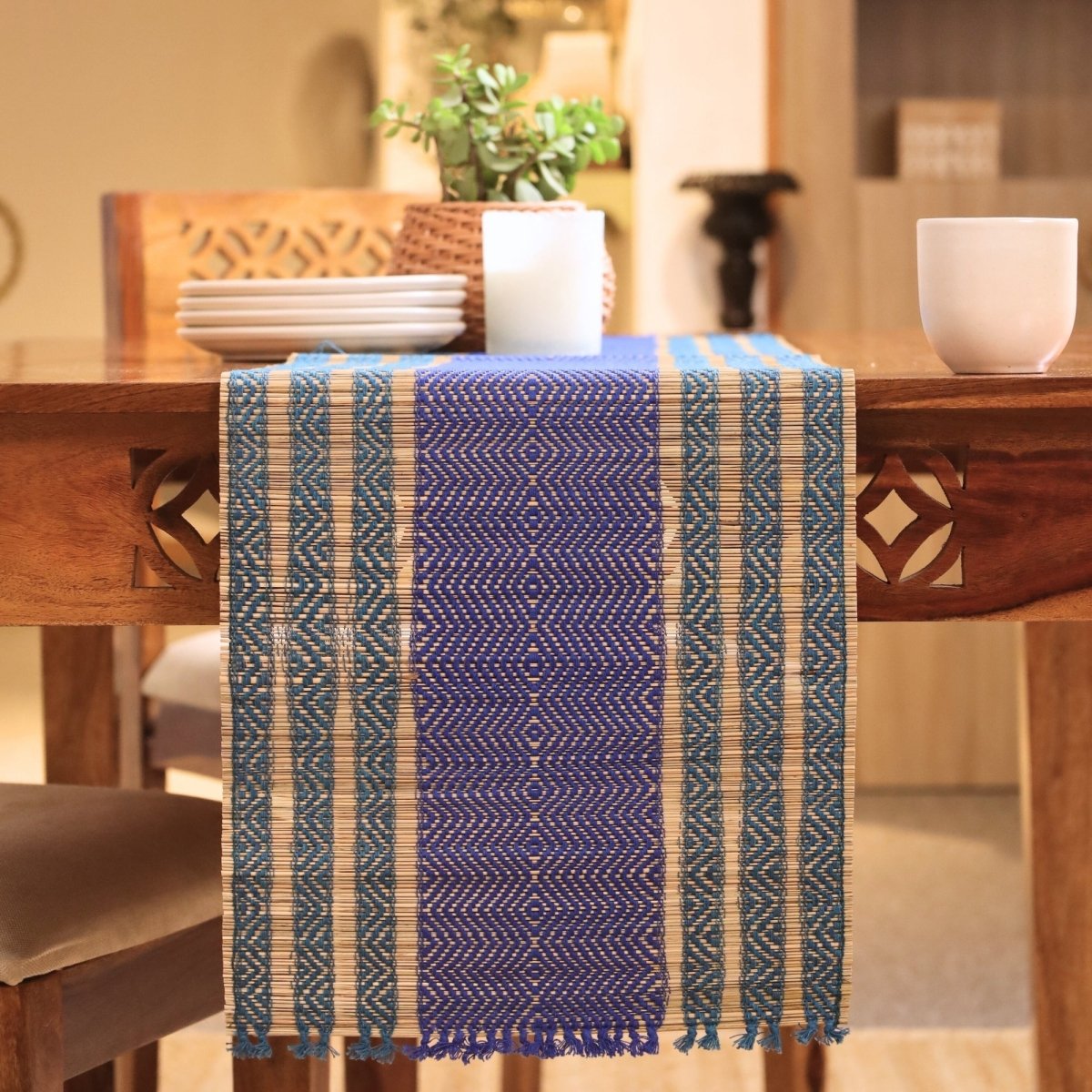 Cotton and Grass Table runner in Teal and Cobalt Blue | 4 and 6 Seater