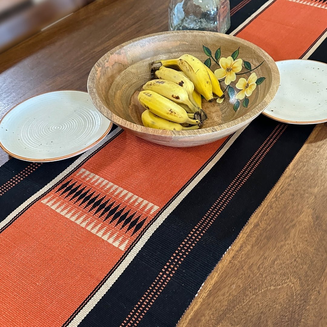 Handwoven Pure Cotton Dining Table Runner in Rust & black | 6 Seater