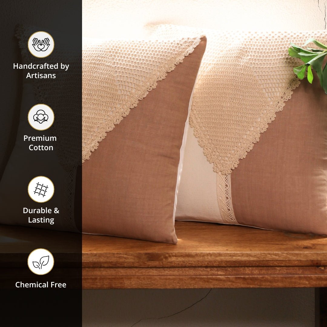 Pure Cotton Crochet Cushion Cover in Taupe and Off White | 16x16 in | Set of 1,2,3,4 and 5