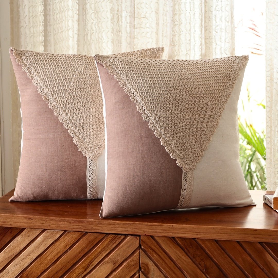 Pure Cotton Crochet Cushion Cover in Taupe and Off White | 16x16 in | Set of 1,2,3,4 and 5