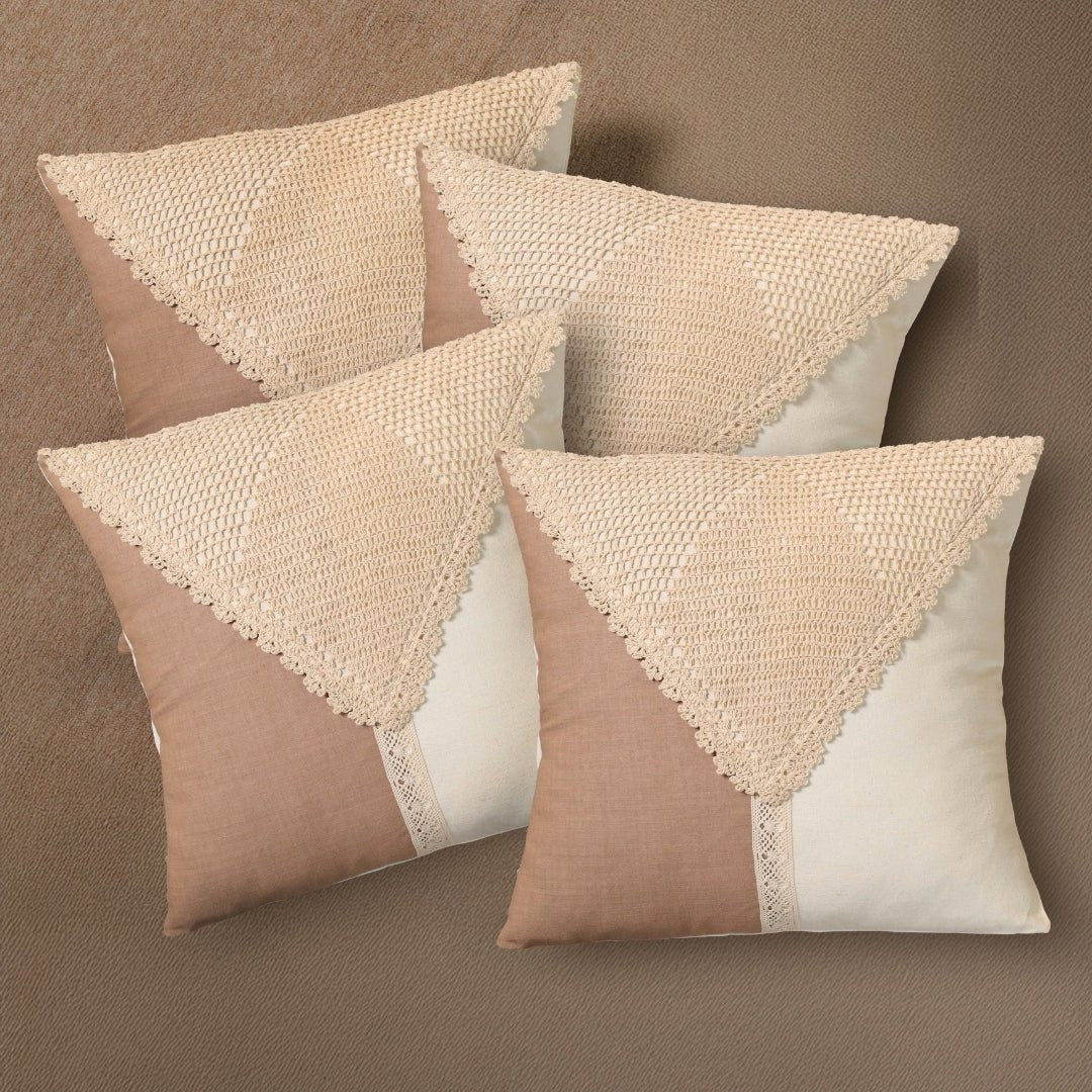 Pure Cotton Crochet Cushion Cover in Taupe and Off White | 16x16 in | Set of 1,2,3,4 and 5