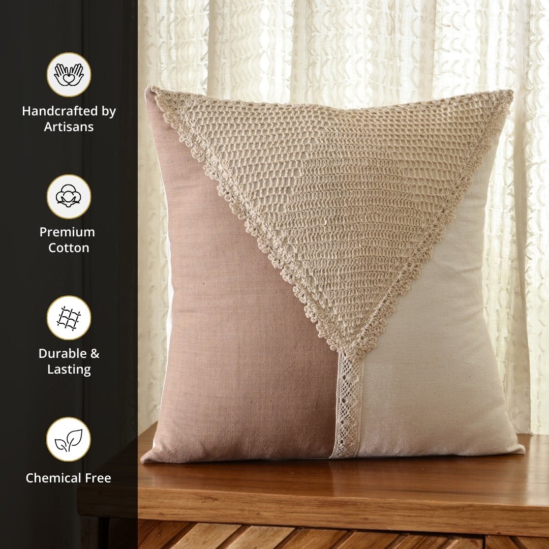 Pure Cotton Crochet Cushion Cover in Taupe and Off White | 16x16 in | Set of 1,2,3,4 and 5