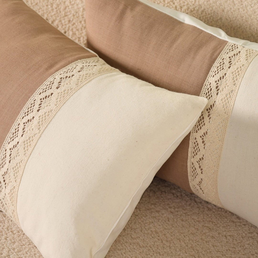 Rectangular Pure Cotton Crochet Cushion Cover in Taupe and Off White | Set of 1 and 2