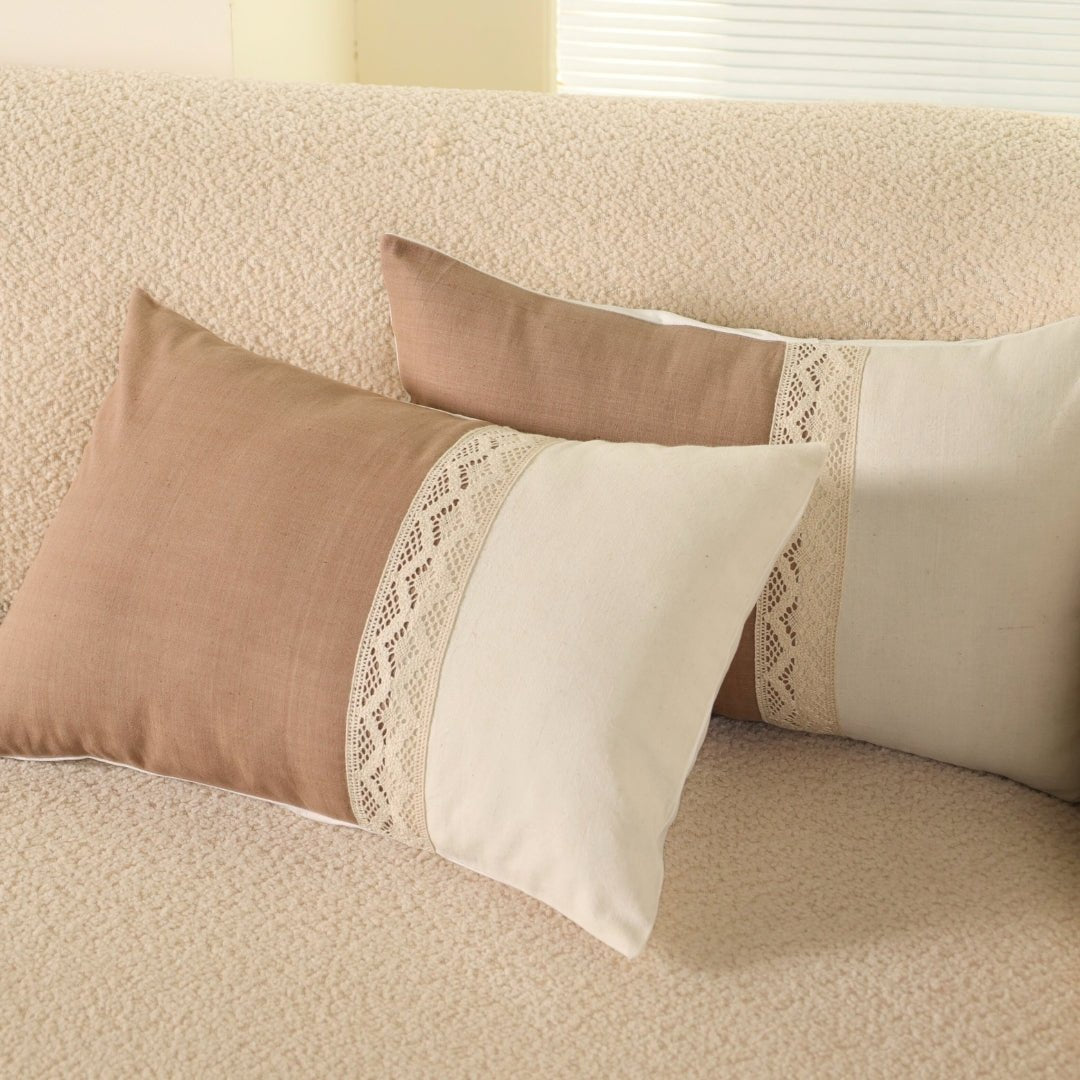 Rectangular Pure Cotton Crochet Cushion Cover in Taupe and Off White | Set of 1 and 2