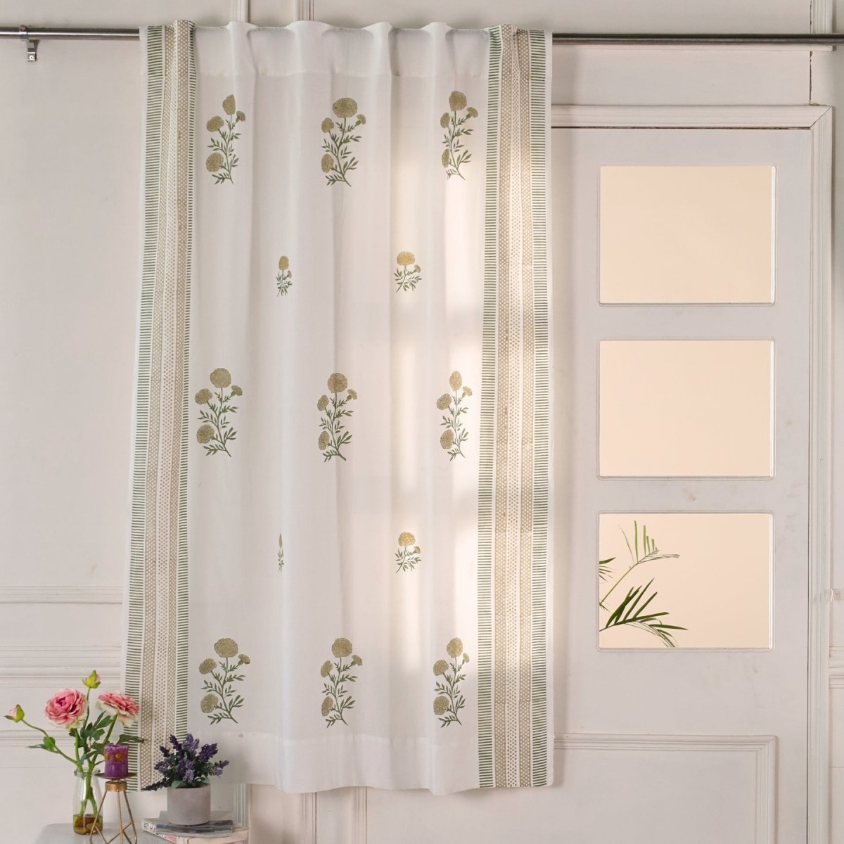 Pure Cotton Sheer Curtains in floral patterns in taupe and olive green colours, available in 5ft and 7ft in both set of 1 and 2