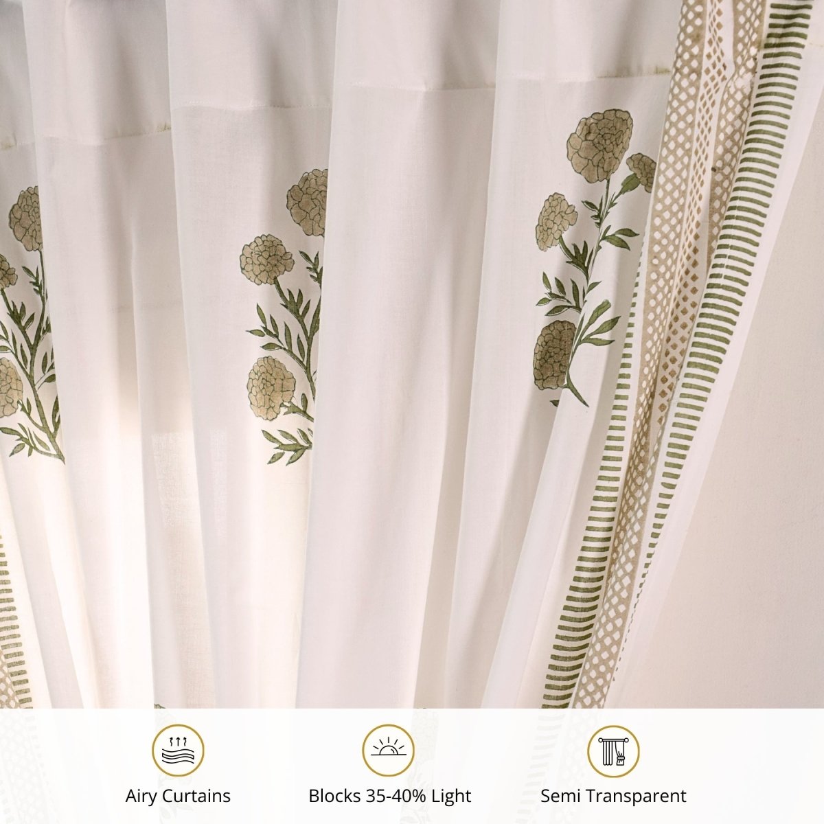 Pure Cotton Sheer Curtains in floral patterns in taupe and olive green colours, available in 5ft and 7ft in both set of 1 and 2
