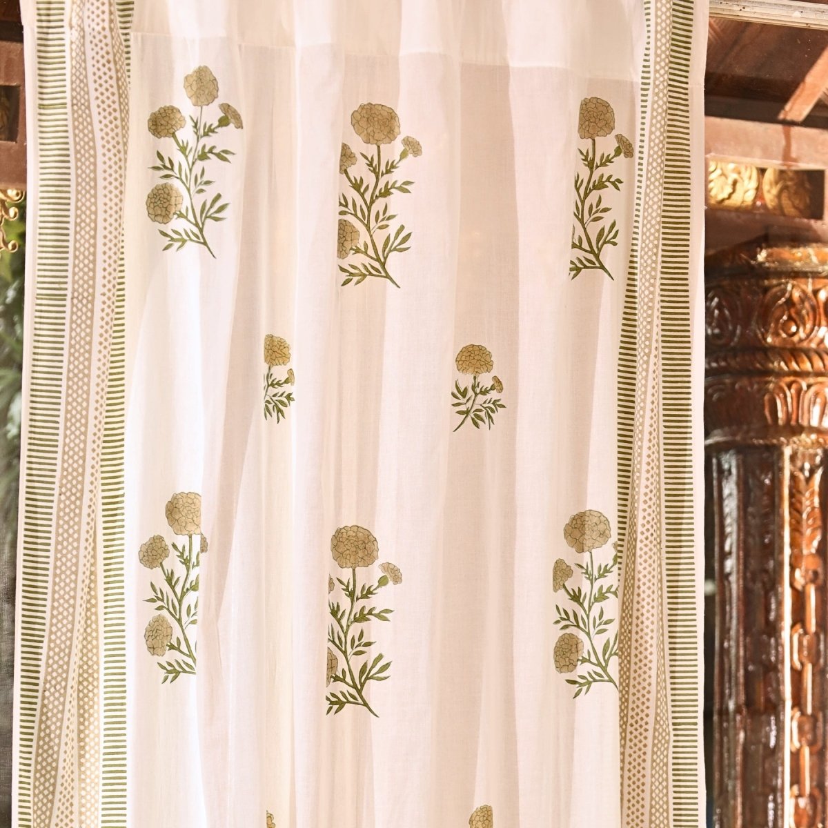 Pure Cotton Sheer Curtains in floral patterns in taupe and olive green colours, available in 5ft and 7ft in both set of 1 and 2