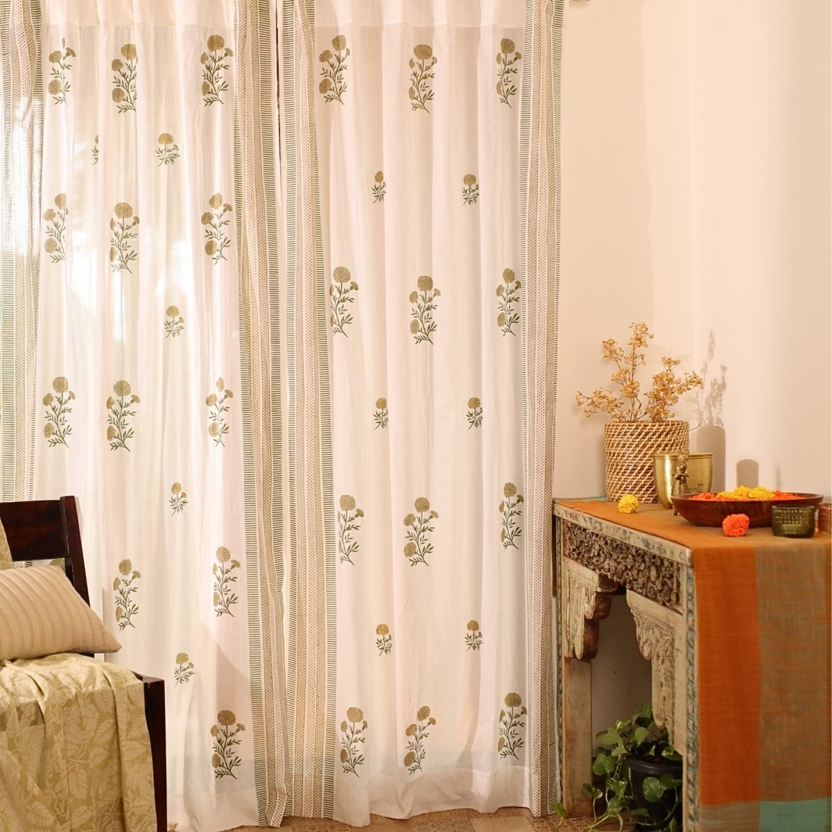 Pure Cotton Sheer Curtains in floral patterns in taupe and olive green colours, available in 5ft and 7ft in both set of 1 and 2