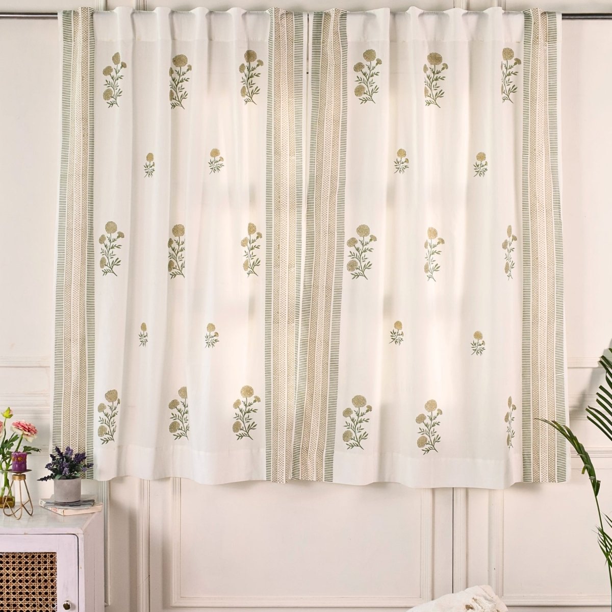 Pure Cotton Sheer Curtains in floral patterns in taupe and olive green colours, available in 5ft and 7ft in both set of 1 and 2