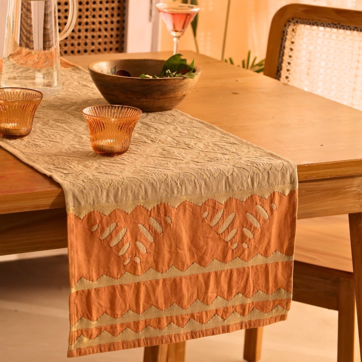 Cotton Table Runner in Taupe and Rust colour with Applique artisanal technique 15 by 60 inches