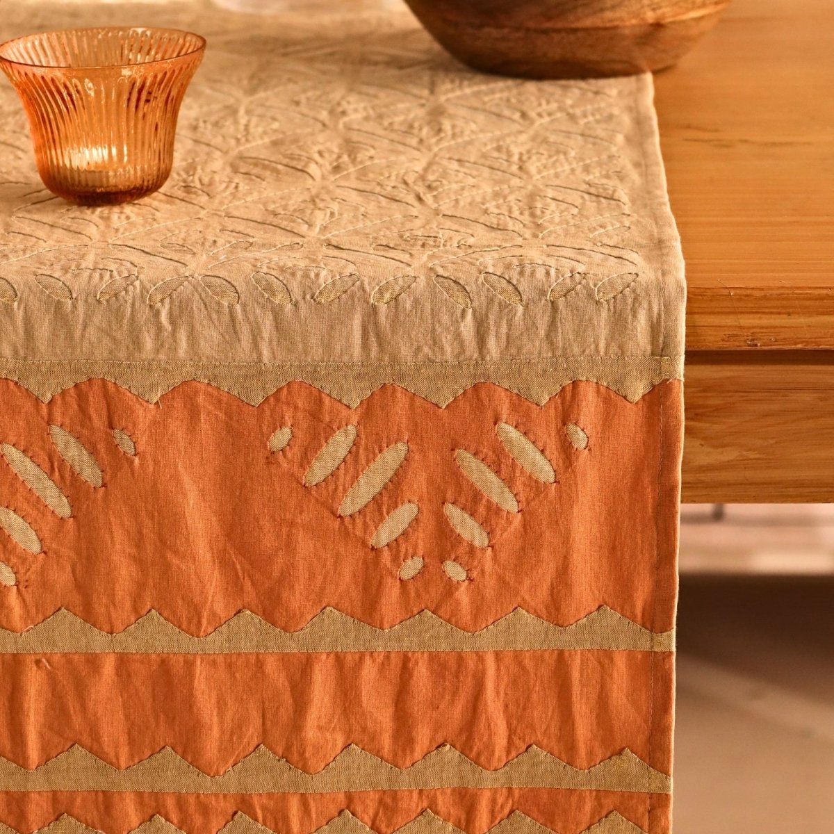Cotton Table Runner in Taupe and Rust colour with Applique artisanal technique 15 by 60 inches