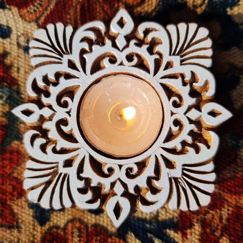Handcrafted Wooden Tea Light Candle Holder | Hand-Engraved Square Carved Wood | Made in India