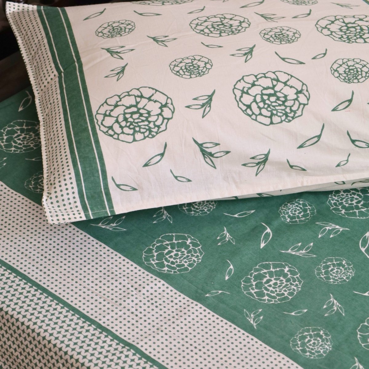 Pure Cotton Bedsheet for bed with 2 Pillow Covers in Teal Green and Off White
