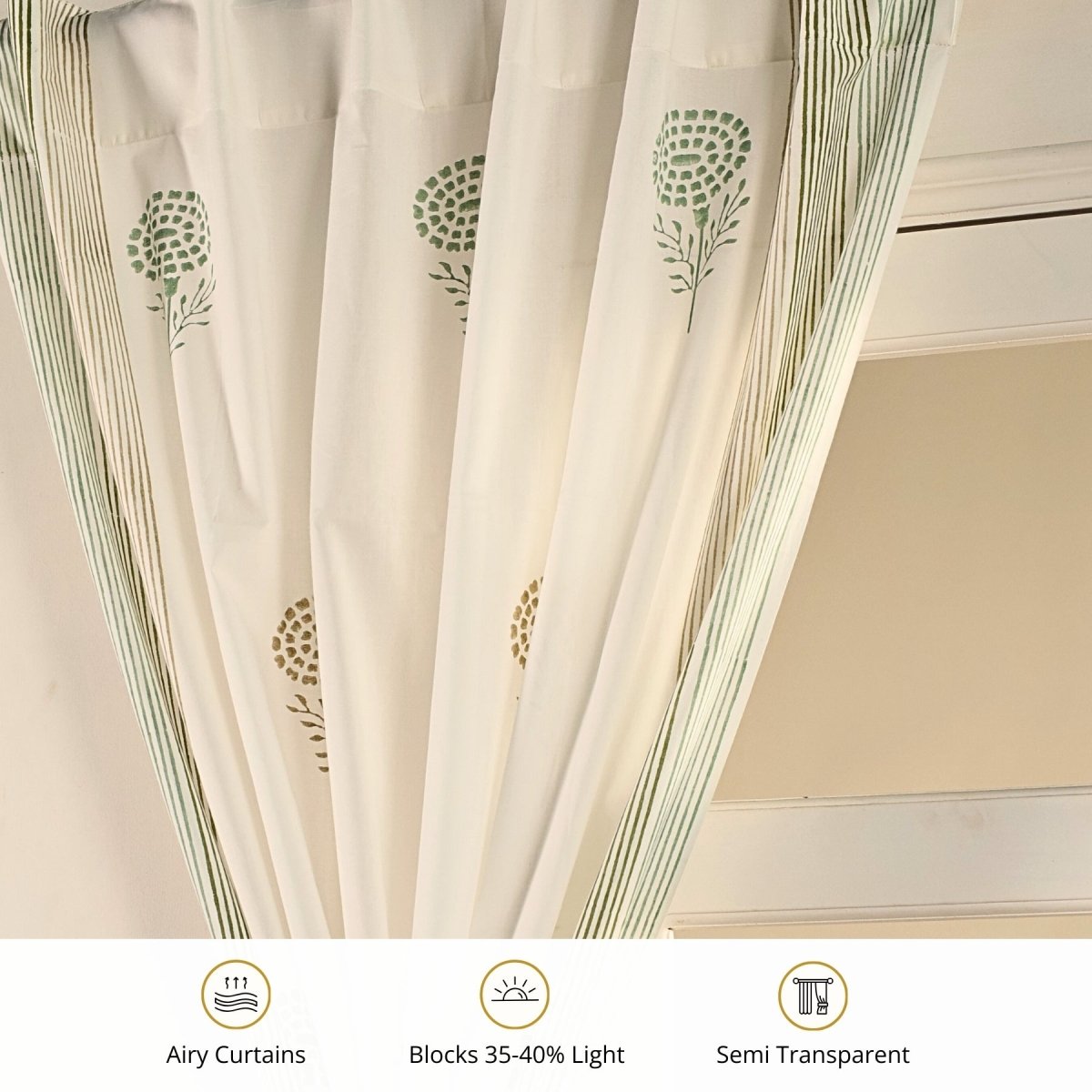 Pure Cotton Sheer Curtains in floral patterns in Teal, Green and Taupe, available in 5ft and 7ft