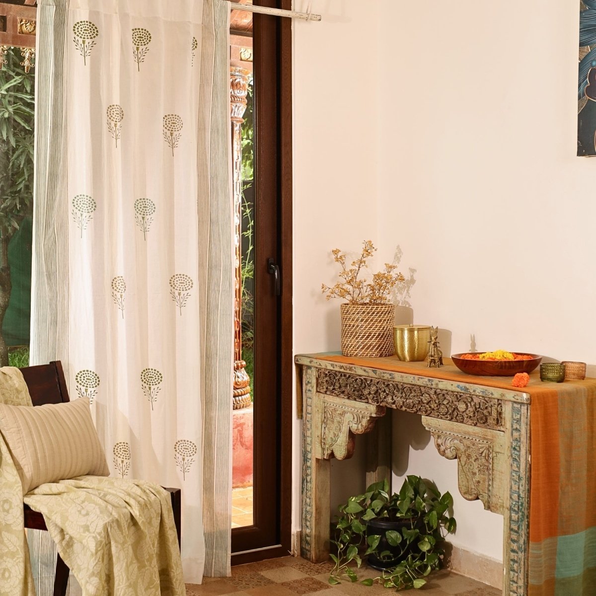 Pure Cotton Sheer Curtains in floral patterns in Teal, Green and Taupe, available in 5ft and 7ft