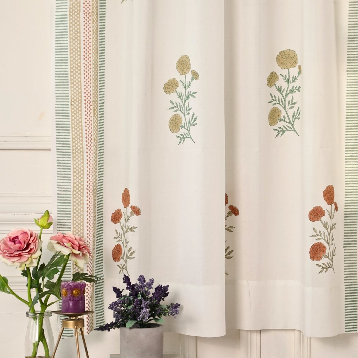 Pure Cotton Sheer Curtains in floral patterns in teal and mustard colours, available in 5ft and 7ft