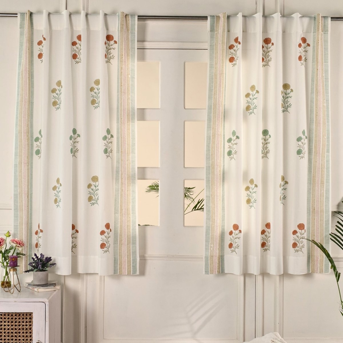 Pure Cotton Sheer Curtains in floral patterns in teal and mustard colours, available in 5ft and 7ft