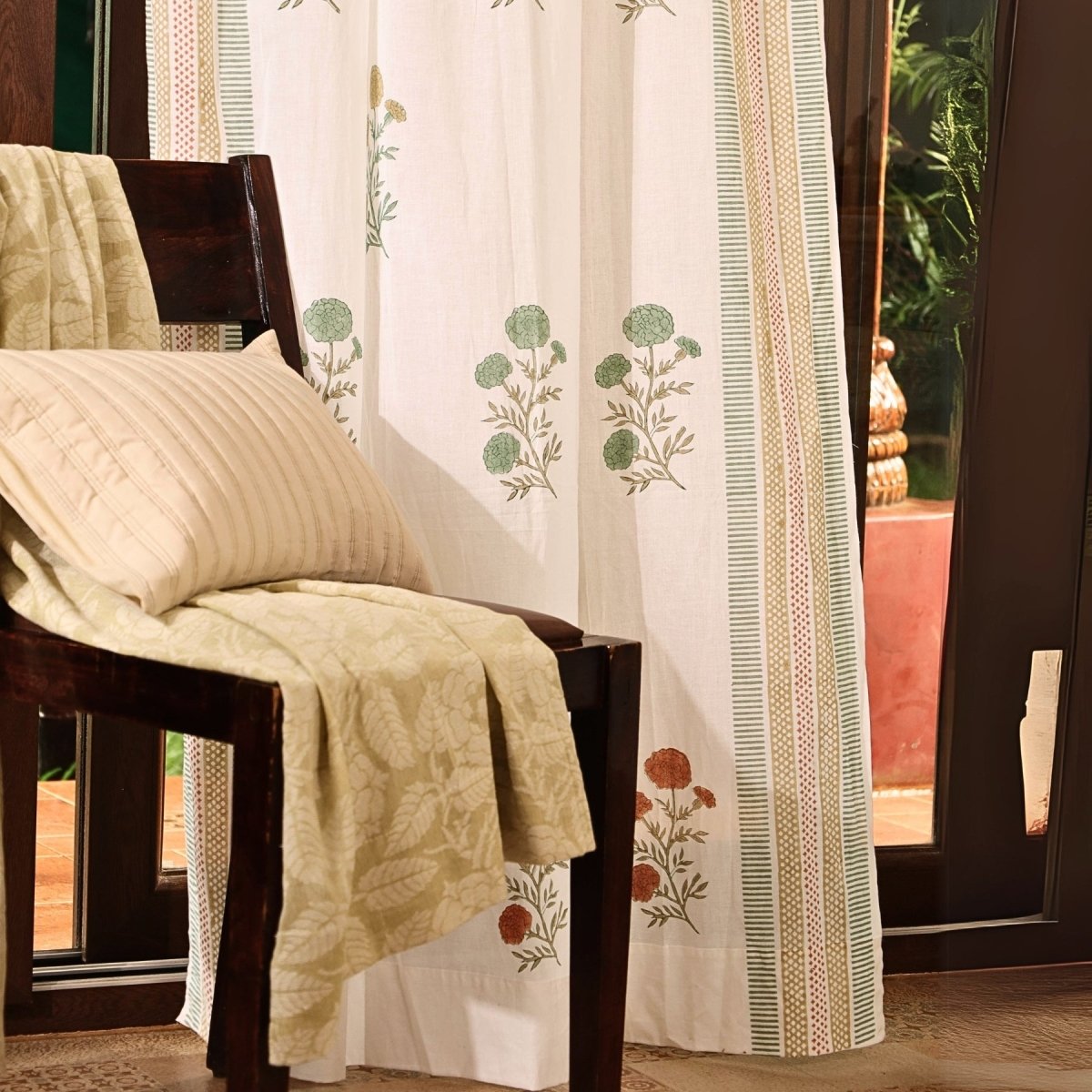 Pure Cotton Sheer Curtains in floral patterns in teal and mustard colours, available in 5ft and 7ft