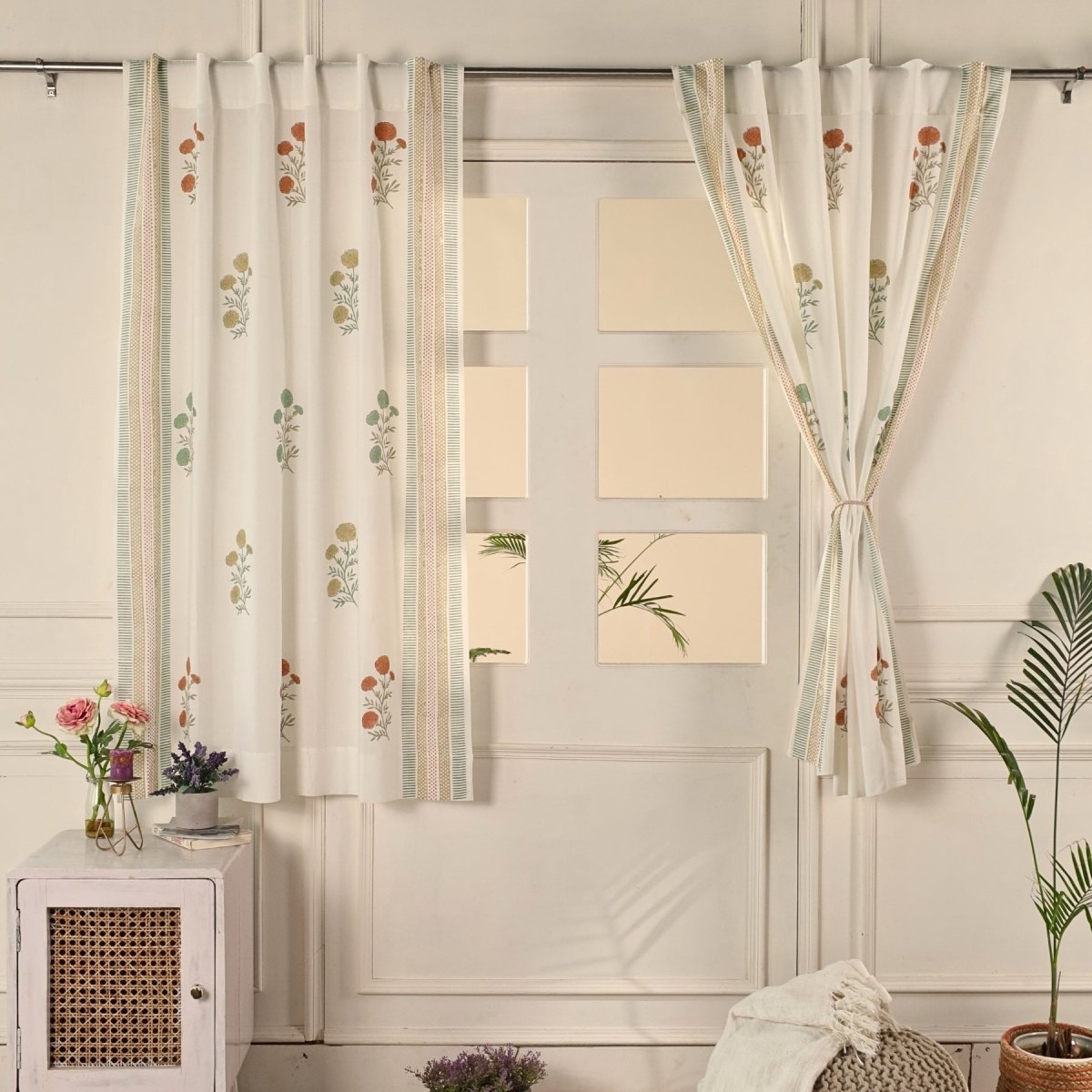 Pure Cotton Sheer Curtains in floral patterns in teal and mustard colours, available in 5ft and 7ft