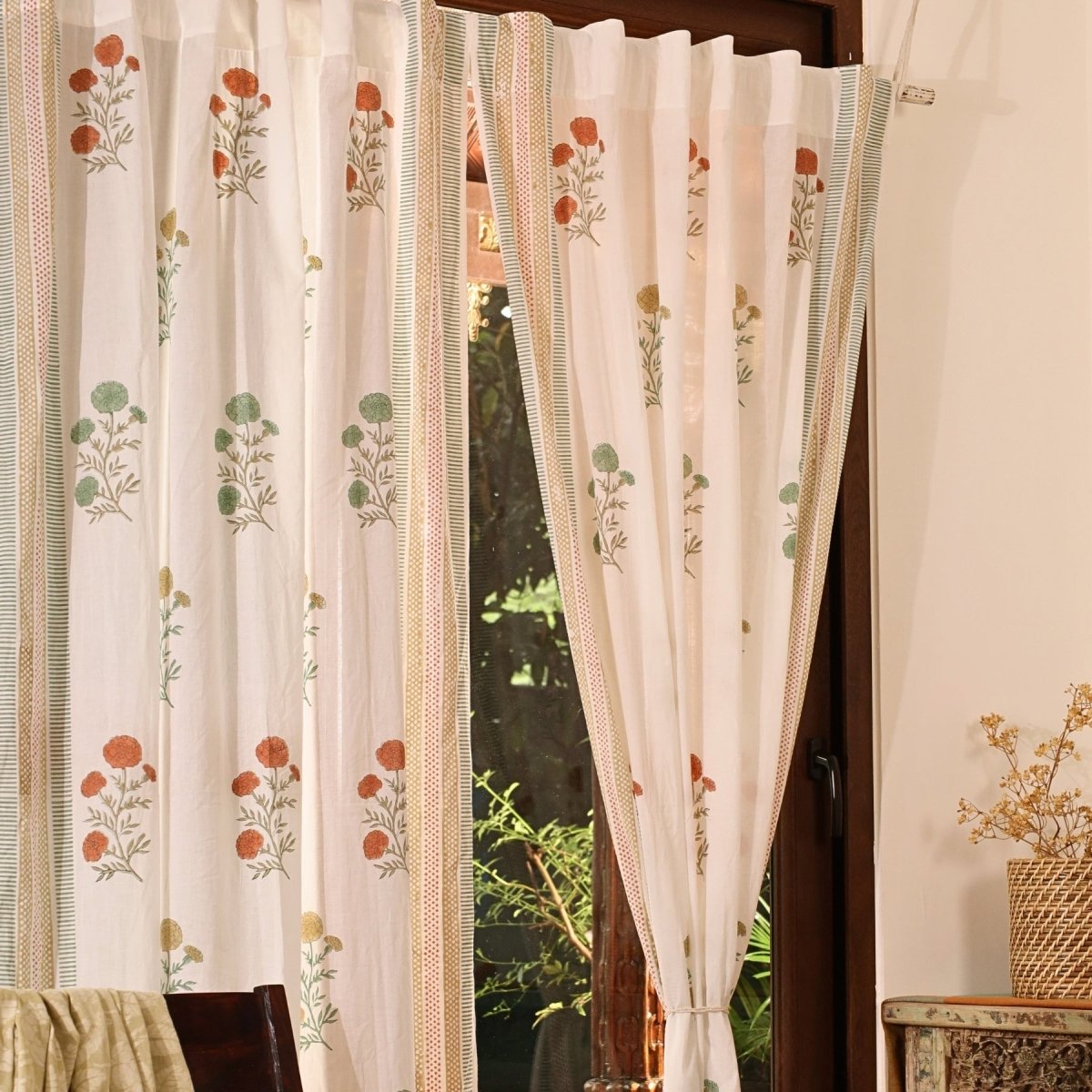 Pure Cotton Sheer Curtains in floral patterns in teal and mustard colours, available in 5ft and 7ft