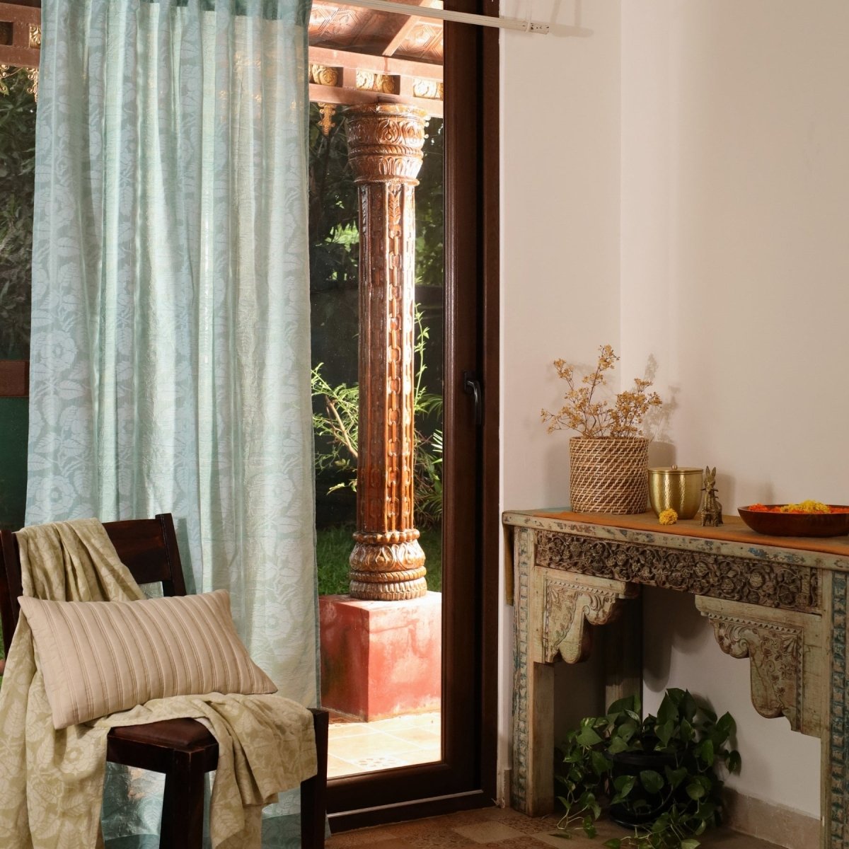 Teal Semi-Transparent Curtain for Door Length 7ft Marigold Collection