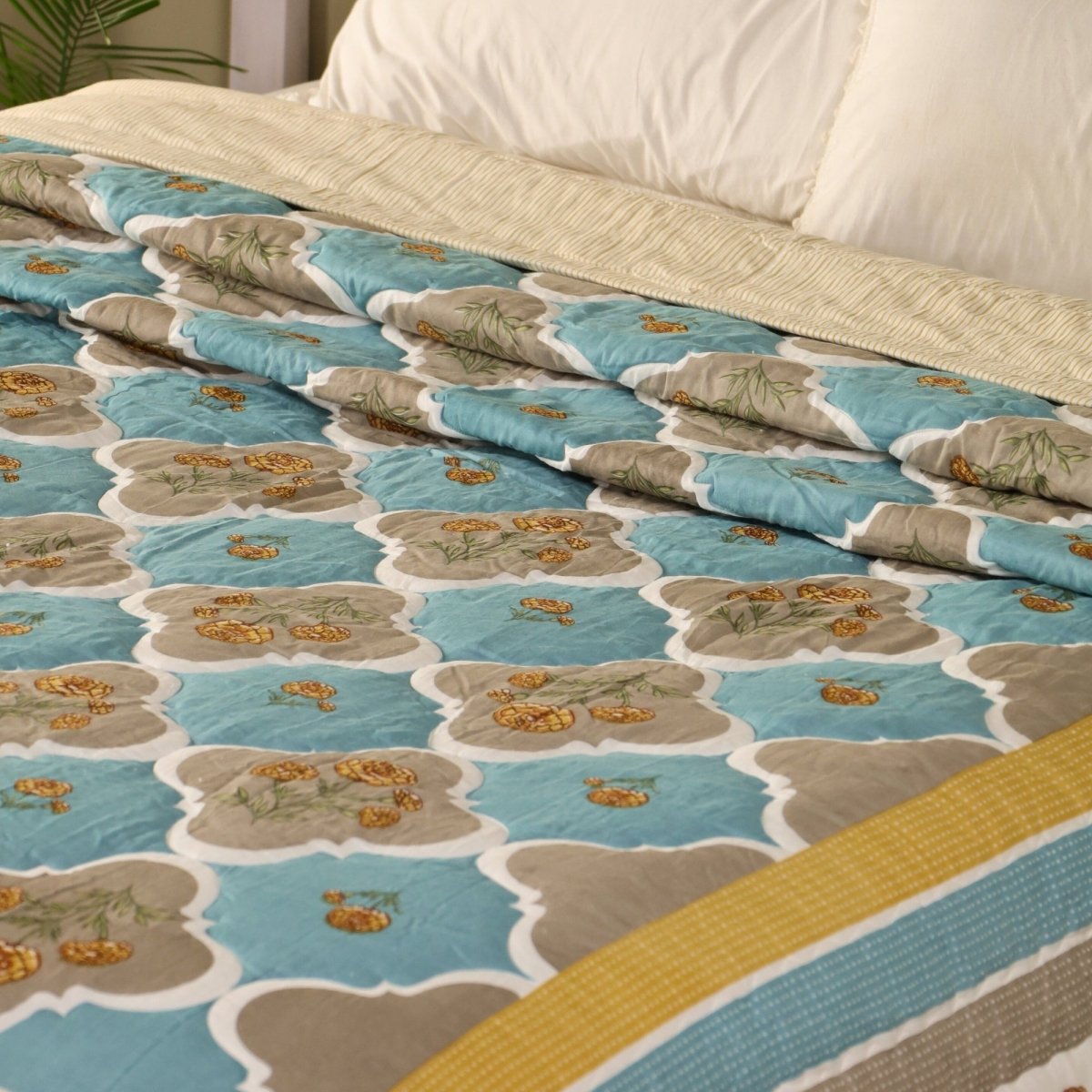 AC Comforter in 100% Cotton Mulmul Handprinted in Rust and Taupe Colours
