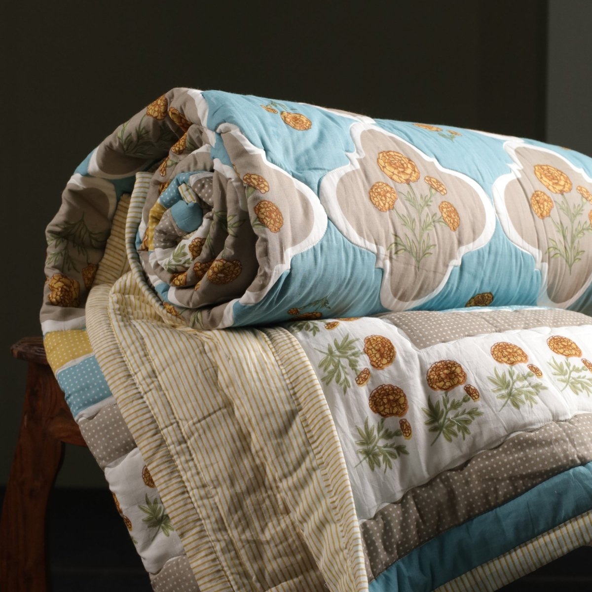 AC Comforter in 100% Cotton Mulmul Handprinted in Rust and Taupe Colours