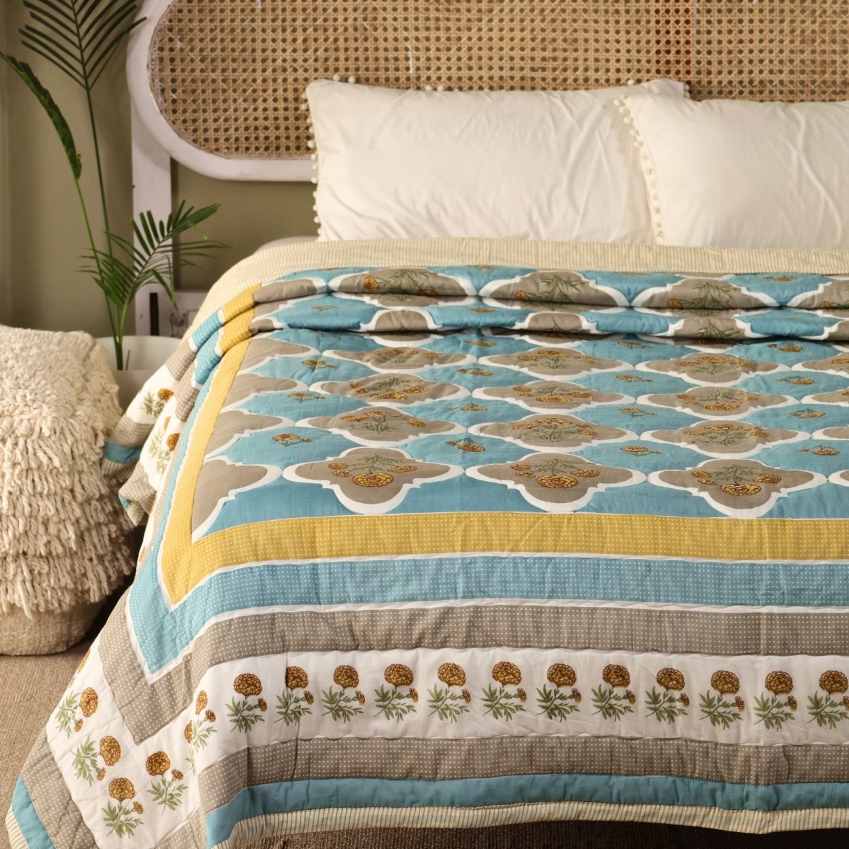 AC Comforter in 100% Cotton Mulmul Handprinted in Rust and Taupe Colours