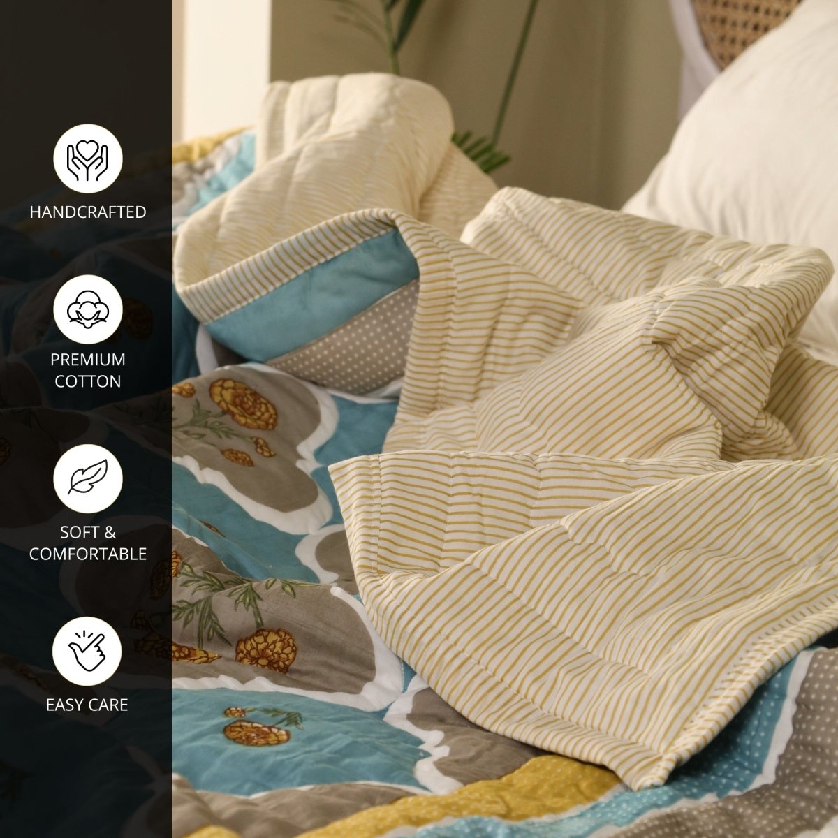 AC Comforter in 100% Cotton Mulmul Handprinted in Rust and Taupe Colours