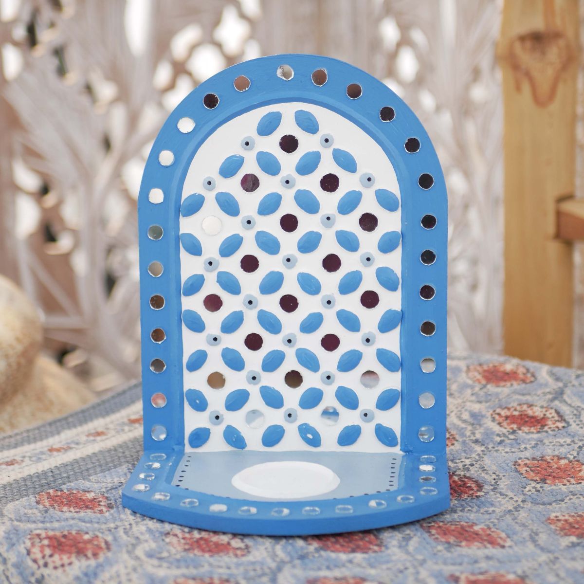 Blue Colour handcrafted Lippan tealight holder made with mud and mirror work.