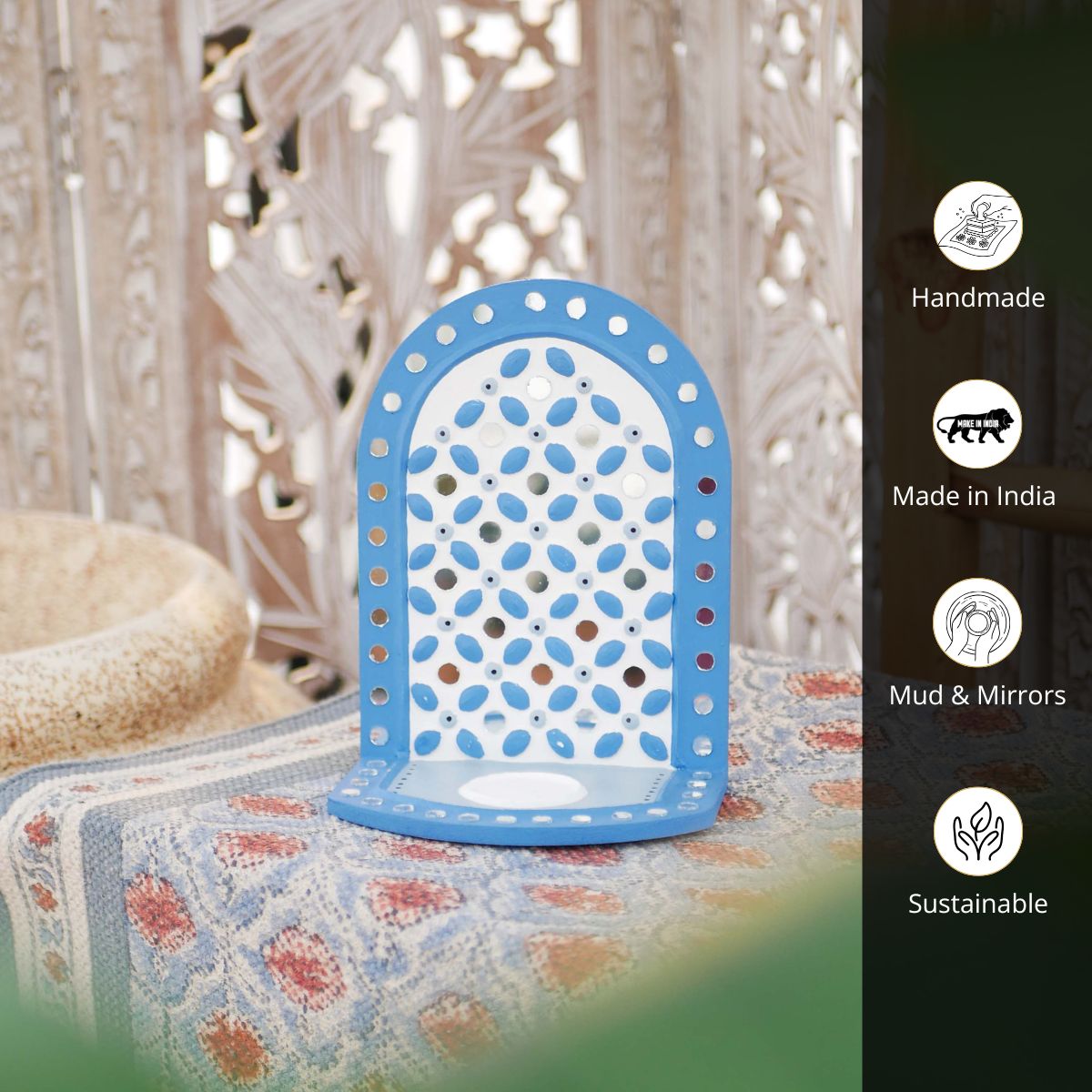 Blue Colour handcrafted Lippan tealight holder made with mud and mirror work.
