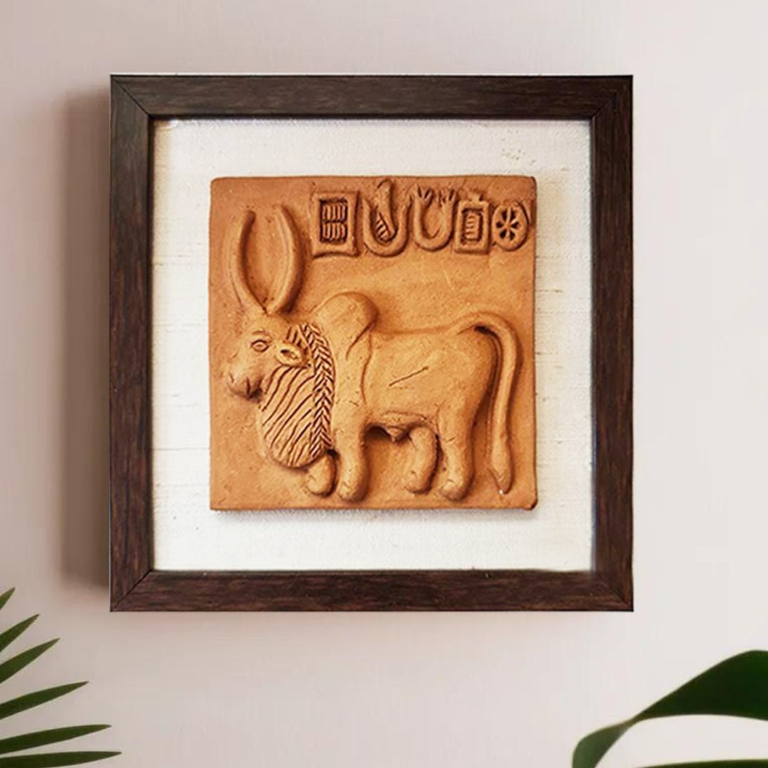 Terracotta wall hanging replica of Harappan Bull Seal Replica with Frame Length 8 inches Width 8 inches including frame