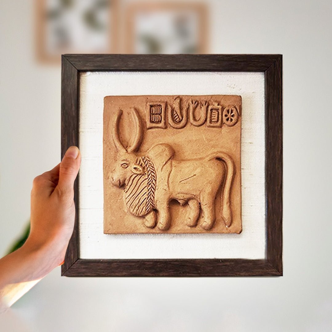 Terracotta wall hanging replica of Harappan Bull Seal Replica with Frame Length 8 inches Width 8 inches including frame