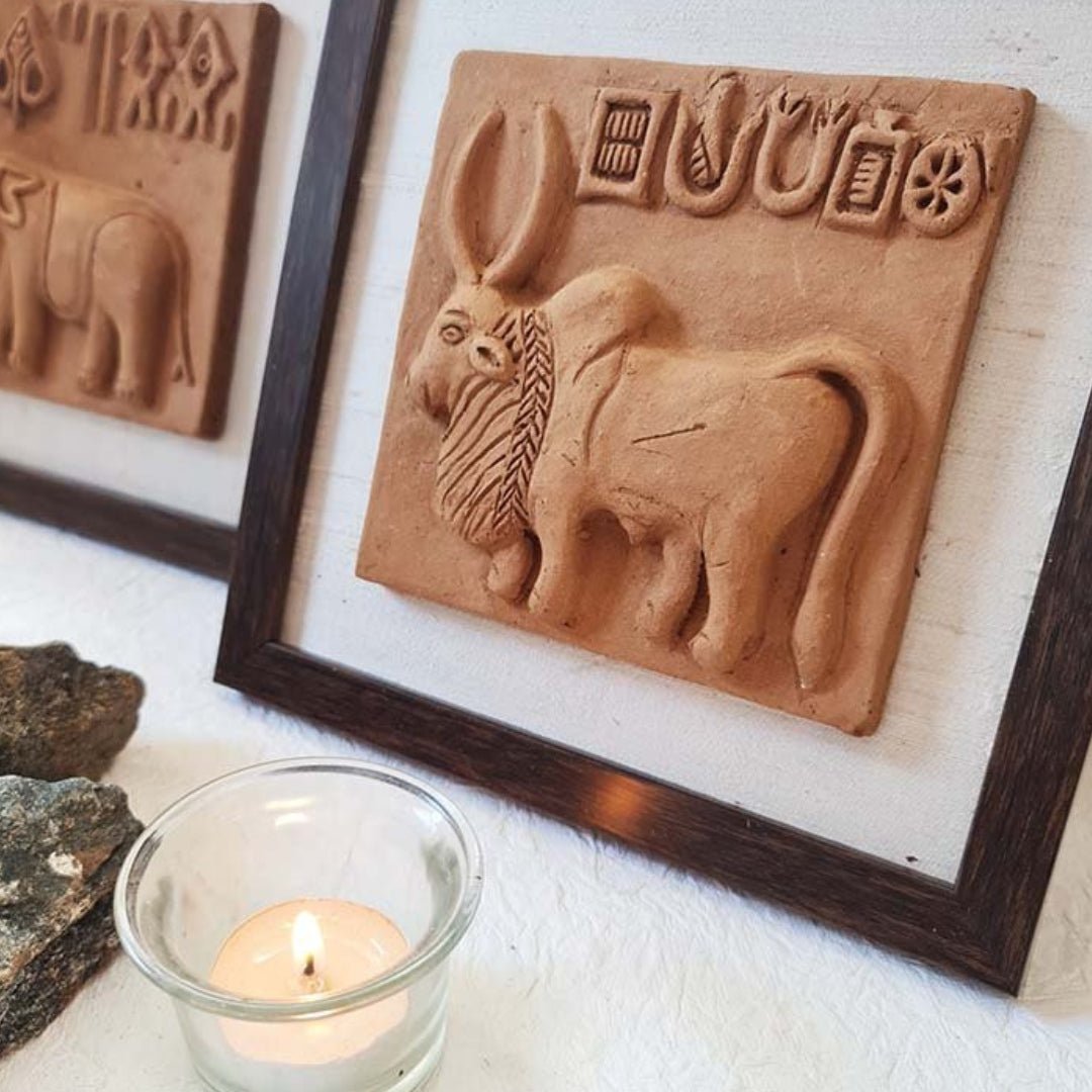 Terracotta wall hanging replica of Harappan Bull Seal Replica with Frame Length 8 inches Width 8 inches including frame