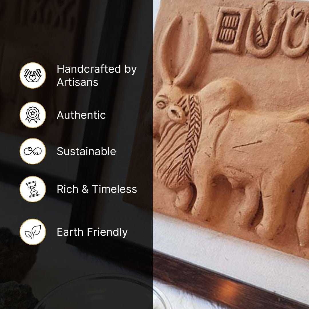 Terracotta wall hanging replica of Harappan Bull Seal Replica with Frame Length 8 inches Width 8 inches including frame